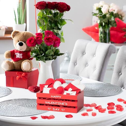 WATINC Valentine's Day Tiered Tray Decor Set - Red Wooden Crate with Felt Envelopes, Artificial Flowers Petals, and Cut Paper Filler in Saudi Arabia