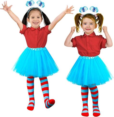 QZYL 2 Set Blue Cosplay Outfit, Thing Costume Set for Girls, Tutu Skirt Ponytail Headband Stripes Socks for Costume Party in Saudi Arabia