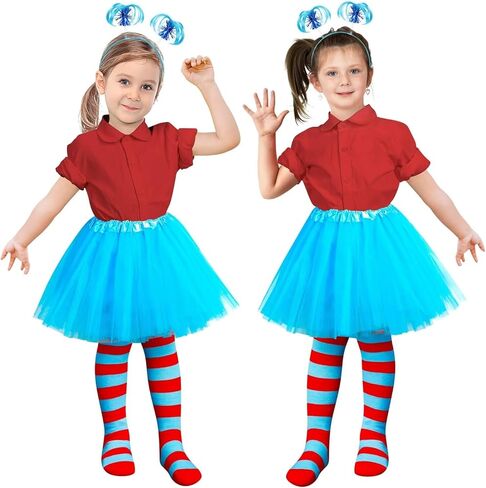 مجموعة QZYL مكونة من قطعتين من الزي التنكري الأزرق، مجموعة زي ثينج للفتيات، تنورة توتو على شكل ذيل حصان وعصابة رأس وجوارب مخططة للحفلات التنكرية in Kuwait