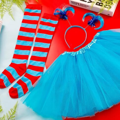 مجموعة QZYL مكونة من قطعتين من الزي التنكري الأزرق، مجموعة زي ثينج للفتيات، تنورة توتو على شكل ذيل حصان وعصابة رأس وجوارب مخططة للحفلات التنكرية in Kuwait