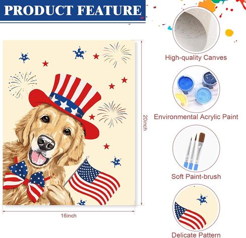 مجموعة الطلاء الوطني بالأرقام من Wodison للأطفال على القماش، لوحة زيتية للعلم الأمريكي للكلب DIY بالأرقام للبالغين المبتدئين ديكور جدار المنزل 16 × 20 بوصة (بدون إطار) in Kuwait
