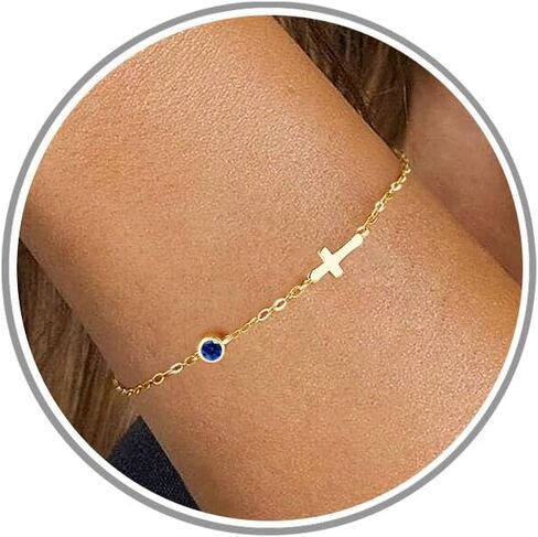 Cross Bracelet with Birthstone, Dainty Gold Birthstone Bracelets for Women Birthday Gifts Christian Gifts for Her Religious Faith Baptism Confirmation Gifts for Teen Girls Christmas Jewelry for Sister Daughter Granddaughter Girlfriend in Saudi Arabia