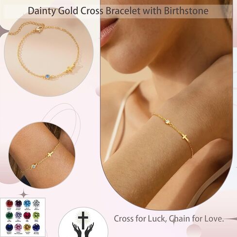 Cross Bracelet with Birthstone, Dainty Gold Birthstone Bracelets for Women Birthday Gifts Christian Gifts for Her Religious Faith Baptism Confirmation Gifts for Teen Girls Christmas Jewelry for Sister Daughter Granddaughter Girlfriend in Saudi Arabia