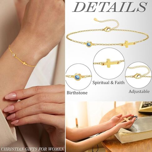 Cross Bracelet with Birthstone, Dainty Gold Birthstone Bracelets for Women Birthday Gifts Christian Gifts for Her Religious Faith Baptism Confirmation Gifts for Teen Girls Christmas Jewelry for Sister Daughter Granddaughter Girlfriend in Saudi Arabia