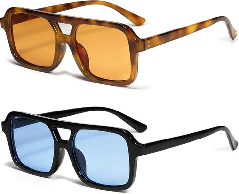 VANLINKER Retro 70s Square Aviator النظارات الشمسية للنساء والرجال نظارات شمسية مستطيلة عصرية VL9816 2 حزمة برتقالي/سلحفاة + أزرق in Kuwait