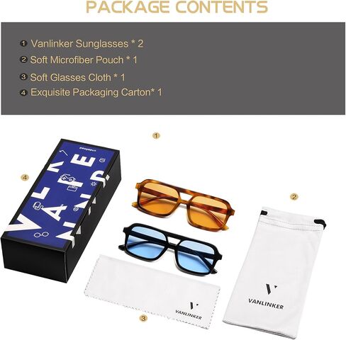 VANLINKER Retro 70s Square Aviator النظارات الشمسية للنساء والرجال نظارات شمسية مستطيلة عصرية VL9816 2 حزمة برتقالي/سلحفاة + أزرق in Kuwait