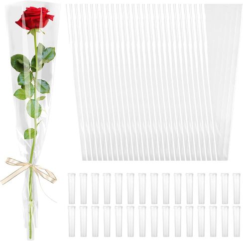 cridoz 100 Pcs Single Rose Sleeve with 100 Pcs Floral Water Tubes for Bouquets, Single Flower Sleeve Flower Wrapping Bags Flower Water Tubes for Mother's Day Graduation Party(Transparent) in Saudi Arabia