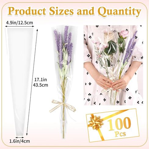cridoz 100 Pcs Single Rose Sleeve with 100 Pcs Floral Water Tubes for Bouquets, Single Flower Sleeve Flower Wrapping Bags Flower Water Tubes for Mother's Day Graduation Party(Transparent) in Saudi Arabia