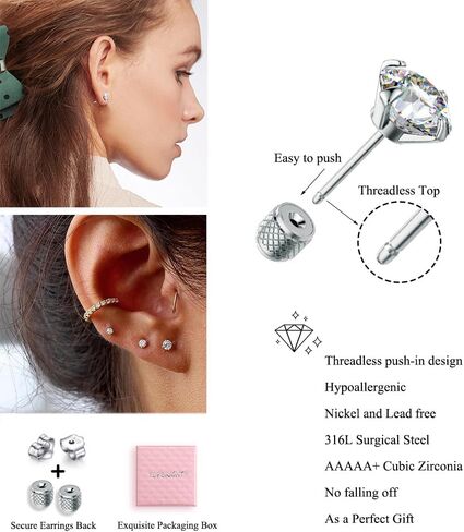 TOPBRIGHT 5 أزواج من الأقراط ذات الظهر المسطح بدون خيوط 316L من الفولاذ الجراحي هيبوالرجينيك أقراط مكعبة زركونيا فضية وذهبية أقراط من التيتانيوم الغضروف مجموعة أقراط للنساء والرجال in Kuwait