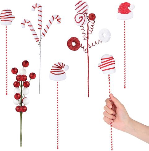 6 Pcs Christmas Ornament Picks, Christmas Tree Decorations, Santa Hat Glove Curly Candy Lollipop Cane Berry Balls on Sticks for Xmas Tree, Wreath, Vase, Craft Filler Picks (Classic) in Saudi Arabia
