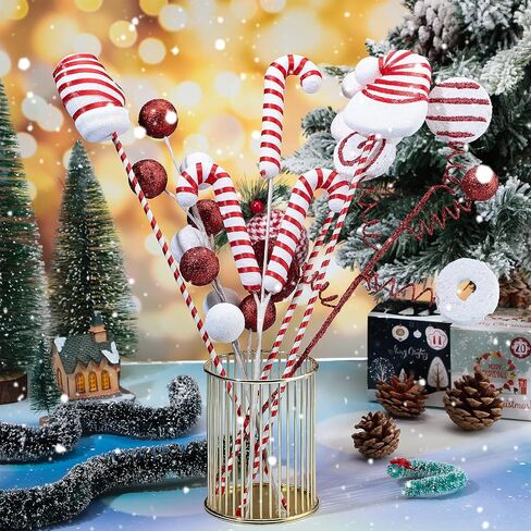 6 Pcs Christmas Ornament Picks, Christmas Tree Decorations, Santa Hat Glove Curly Candy Lollipop Cane Berry Balls on Sticks for Xmas Tree, Wreath, Vase, Craft Filler Picks (Classic) in Saudi Arabia