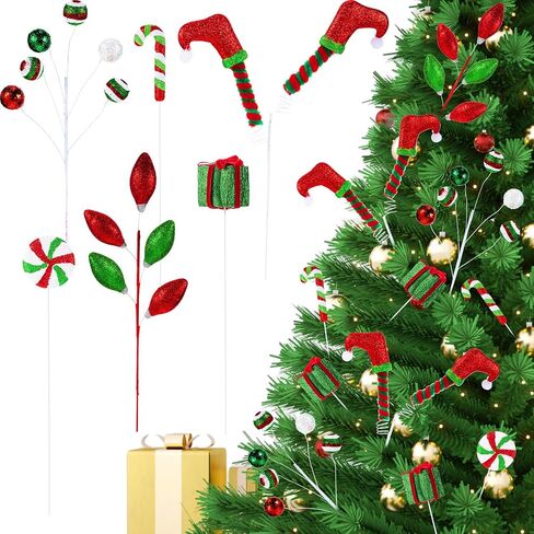 6 Pcs Christmas Ornament Picks, Christmas Tree Decorations, Santa Hat Glove Curly Candy Lollipop Cane Berry Balls on Sticks for Xmas Tree, Wreath, Vase, Craft Filler Picks (Classic) in Saudi Arabia