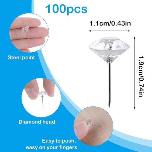 100 Pcs Clear Push Pins Clear Thumb Tacks Decorative Diamond Push Pins Diamond Pushpins Stainless Steel Thumb Tacks Decorative Plastic Head Steel Pin for Posters Office Maps Sofa Office Classroom in Saudi Arabia