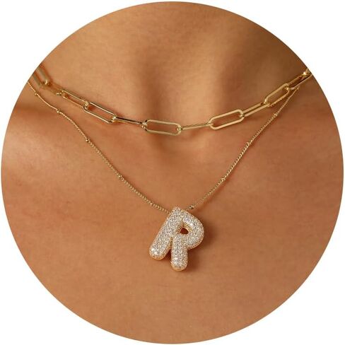 Ascona A-Z Bubble Letter Necklace Gold, Layered Balloon Initial Necklaces Rhinestone Letter Pendant Chain Layering Necklaces for Women Girls Jewelry Gift in Saudi Arabia