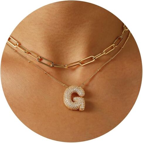 Ascona A-Z Bubble Letter Necklace Gold, Layered Balloon Initial Necklaces Rhinestone Letter Pendant Chain Layering Necklaces for Women Girls Jewelry Gift in Saudi Arabia
