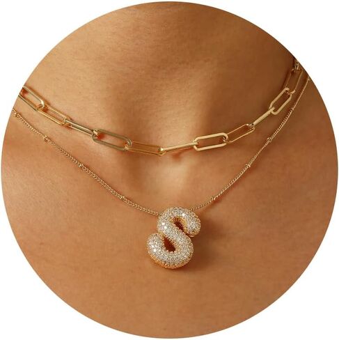 Ascona A-Z Bubble Letter Necklace Gold, Layered Balloon Initial Necklaces Rhinestone Letter Pendant Chain Layering Necklaces for Women Girls Jewelry Gift in Saudi Arabia