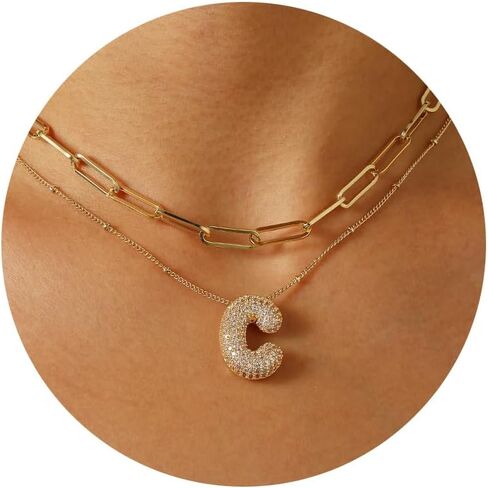 Ascona A-Z Bubble Letter Necklace Gold, Layered Balloon Initial Necklaces Rhinestone Letter Pendant Chain Layering Necklaces for Women Girls Jewelry Gift in Saudi Arabia