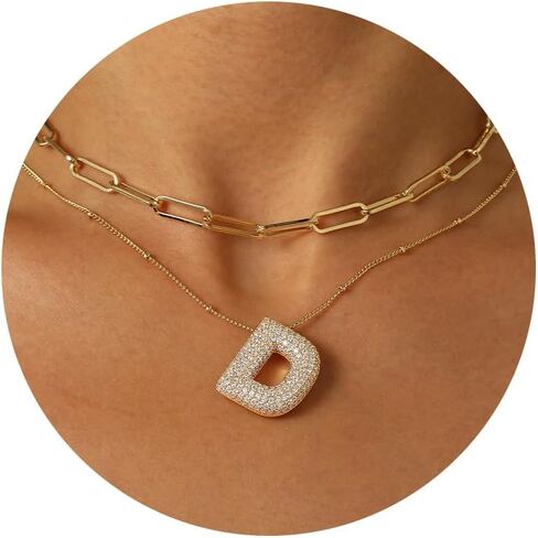 Ascona A-Z Bubble Letter Necklace Gold, Layered Balloon Initial Necklaces Rhinestone Letter Pendant Chain Layering Necklaces for Women Girls Jewelry Gift in Saudi Arabia