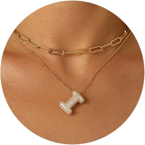 Ascona A-Z Bubble Letter Necklace Gold, Layered Balloon Initial Necklaces Rhinestone Letter Pendant Chain Layering Necklaces for Women Girls Jewelry Gift in Saudi Arabia