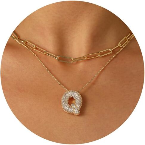 Ascona A-Z Bubble Letter Necklace Gold, Layered Balloon Initial Necklaces Rhinestone Letter Pendant Chain Layering Necklaces for Women Girls Jewelry Gift in Saudi Arabia
