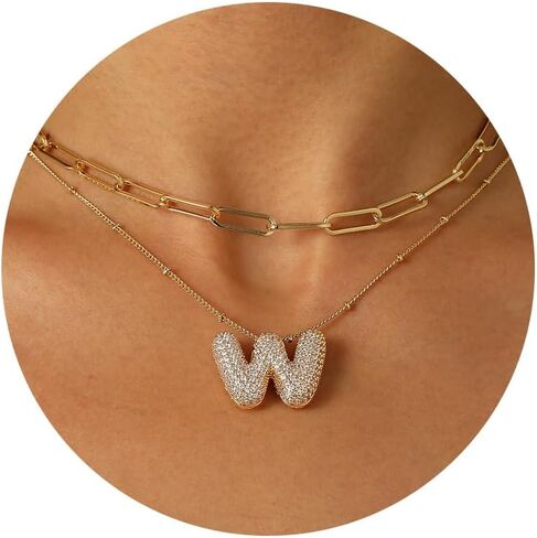 Ascona A-Z Bubble Letter Necklace Gold, Layered Balloon Initial Necklaces Rhinestone Letter Pendant Chain Layering Necklaces for Women Girls Jewelry Gift in Saudi Arabia
