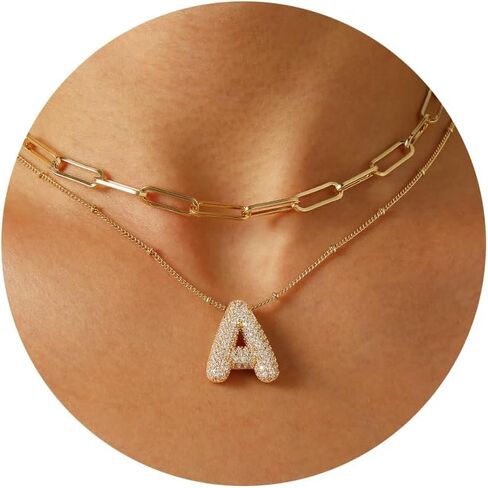 Ascona A-Z Bubble Letter Necklace Gold, Layered Balloon Initial Necklaces Rhinestone Letter Pendant Chain Layering Necklaces for Women Girls Jewelry Gift in Kuwait