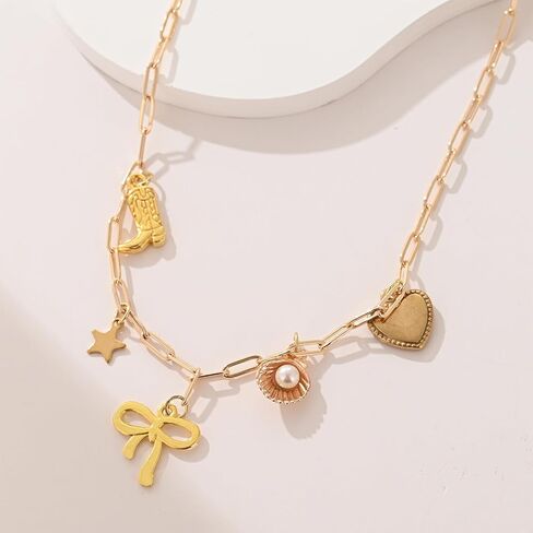 Cowboy Hat Boot Pendant Necklace for Women Layer Dainty Western Cowgirl Hat Boots Charms Chain Necklace Shell Necklaces Summer Seashell Beach 18k Starfish Surfer Jewelry Gift in Saudi Arabia