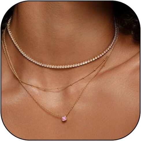 Staligue Layered Gold Choker Necklaces for Women,14K Gold Filled Chain Necklace for Women Dainty Layering Herringbone Figaro Bead Tennis Chain Disc Dog Tag CZ Pendant Necklaces Jewelry Set for Girls in Saudi Arabia