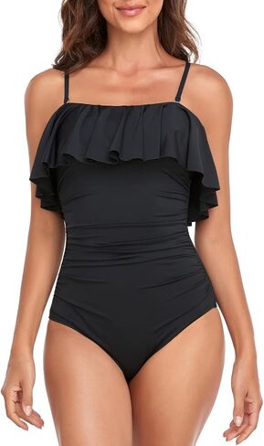 Smismivo Flounce Strapless Swimsuits for Women Bandeau Ruched Ruffle Bathing Suits One Piece Tummy Control Slimming Swimwear in Saudi Arabia