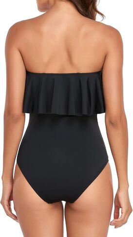 Smismivo Flounce Strapless Swimsuits for Women Bandeau Ruched Ruffle Bathing Suits One Piece Tummy Control Slimming Swimwear in Saudi Arabia