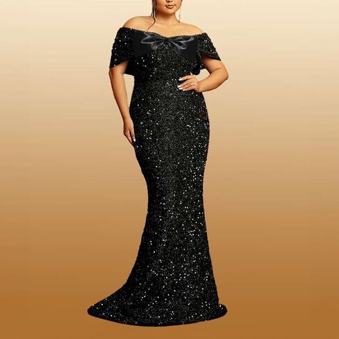 Women's Sexy Off Shoulder Short Sleeve Sequin Floor Length Bodycon Cocktail Evening Gown Party Maxi Dress in Saudi Arabia