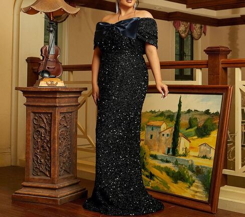 Women's Sexy Off Shoulder Short Sleeve Sequin Floor Length Bodycon Cocktail Evening Gown Party Maxi Dress in Saudi Arabia