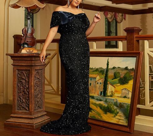 Women's Sexy Off Shoulder Short Sleeve Sequin Floor Length Bodycon Cocktail Evening Gown Party Maxi Dress in Saudi Arabia