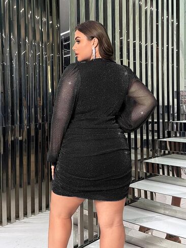 Floerns Women's Plus Size V Neck Mesh Bishop Sleeve Ruched Evening Bodycon Dress in Saudi Arabia