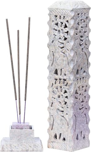 برج البخور المصنوع يدويًا من حجر الصابون من كروكون، مبخرة شموع على شكل أوراق الفيل، مبخرة برج البخور | حامل ضوء الشاي | ديكور غرفة المعيشة، المطبخ، العطر المنزلي، حجم الهدية - 11 × 3 × 3 بوصة in Kuwait