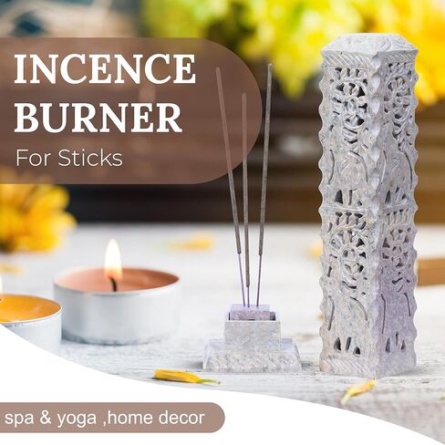 برج البخور المصنوع يدويًا من حجر الصابون من كروكون، مبخرة شموع على شكل أوراق الفيل، مبخرة برج البخور | حامل ضوء الشاي | ديكور غرفة المعيشة، المطبخ، العطر المنزلي، حجم الهدية - 11 × 3 × 3 بوصة in Kuwait