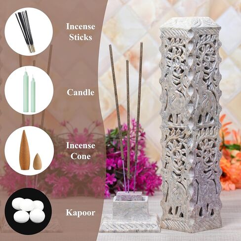 برج البخور المصنوع يدويًا من حجر الصابون من كروكون، مبخرة شموع على شكل أوراق الفيل، مبخرة برج البخور | حامل ضوء الشاي | ديكور غرفة المعيشة، المطبخ، العطر المنزلي، حجم الهدية - 11 × 3 × 3 بوصة in Kuwait