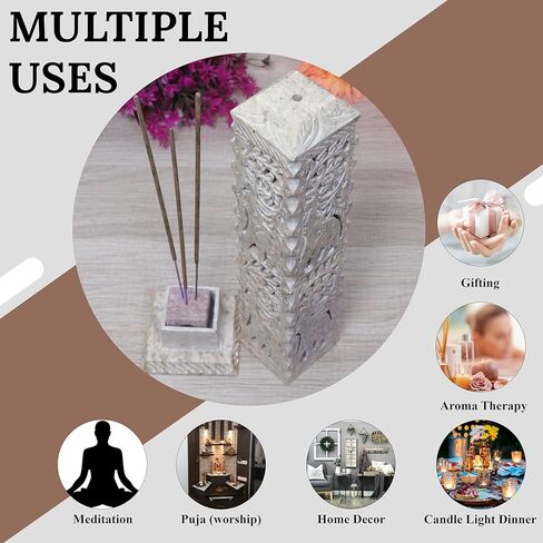 برج البخور المصنوع يدويًا من حجر الصابون من كروكون، مبخرة شموع على شكل أوراق الفيل، مبخرة برج البخور | حامل ضوء الشاي | ديكور غرفة المعيشة، المطبخ، العطر المنزلي، حجم الهدية - 11 × 3 × 3 بوصة in Kuwait
