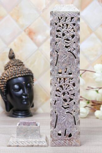 برج البخور المصنوع يدويًا من حجر الصابون من كروكون، مبخرة شموع على شكل أوراق الفيل، مبخرة برج البخور | حامل ضوء الشاي | ديكور غرفة المعيشة، المطبخ، العطر المنزلي، حجم الهدية - 11 × 3 × 3 بوصة in Kuwait