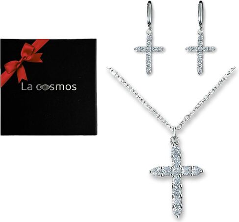 Crystal Cross Necklace And Earrings Set for Women Girls Jewelry Set with Packing Gift Jewelry Cubic Zirconia Cross Pendant Necklace Cross Earrings, Silver in Saudi Arabia