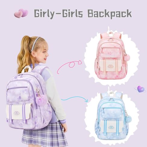 Kids Backpack for Girls School | Elementary Middle School Girls Backpack 17 Inch with Furry Pendant | Flower Prints | Blue in Saudi Arabia