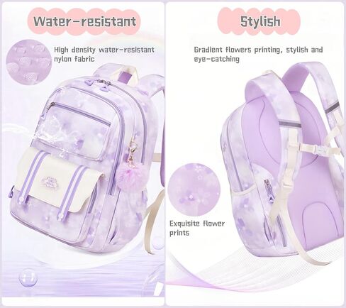 Kids Backpack for Girls School | Elementary Middle School Girls Backpack 17 Inch with Furry Pendant | Flower Prints | Blue in Saudi Arabia