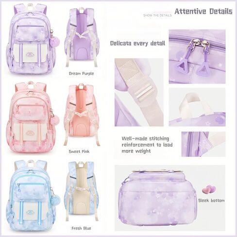 Kids Backpack for Girls School | Elementary Middle School Girls Backpack 17 Inch with Furry Pendant | Flower Prints | Blue in Saudi Arabia