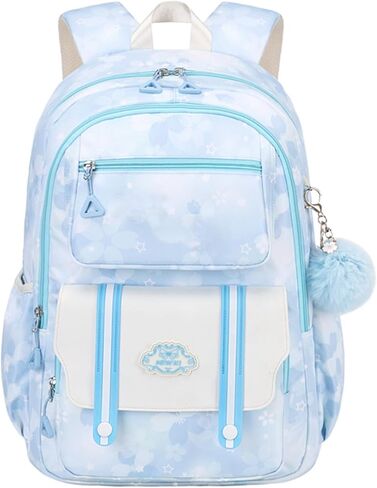 Kids Backpack for Girls School | Elementary Middle School Girls Backpack 17 Inch with Furry Pendant | Flower Prints | Blue in Saudi Arabia