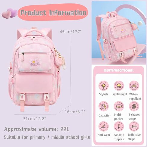 Kids Backpack for Girls School | Elementary Middle School Girls Backpack 17 Inch with Furry Pendant | Flower Prints | Blue in Saudi Arabia