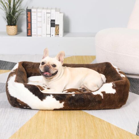 Faux Fur Dog Beds for Large Dogs,Rectangle Plush Large Dog Bed with Removable Cover,Big Dog Bed with Supportive Bolster,Washable Pet Bed(Cow Print,32x24inches) in Saudi Arabia