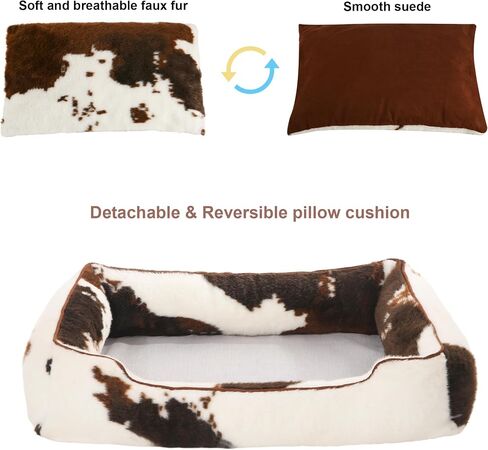 Faux Fur Dog Beds for Large Dogs,Rectangle Plush Large Dog Bed with Removable Cover,Big Dog Bed with Supportive Bolster,Washable Pet Bed(Cow Print,32x24inches) in Saudi Arabia