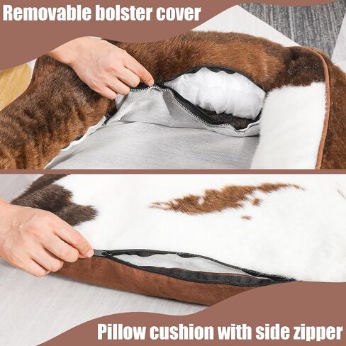 Faux Fur Dog Beds for Large Dogs,Rectangle Plush Large Dog Bed with Removable Cover,Big Dog Bed with Supportive Bolster,Washable Pet Bed(Cow Print,32x24inches) in Saudi Arabia