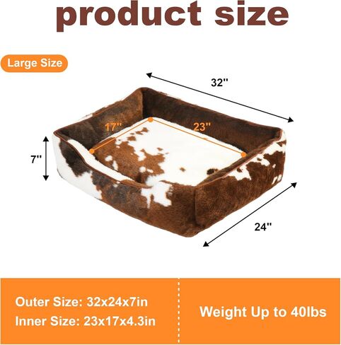Faux Fur Dog Beds for Large Dogs,Rectangle Plush Large Dog Bed with Removable Cover,Big Dog Bed with Supportive Bolster,Washable Pet Bed(Cow Print,32x24inches) in Saudi Arabia