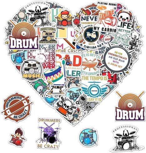 50 Pack Pcs Funny Drummer Stickers for Water Bottles Waterproof Vinyl Laptop Luggage Scrapbooking Drum Music Sticker Packs Bulk Set Adults Teens Boys Girls Aesthetic Small Decals in Saudi Arabia